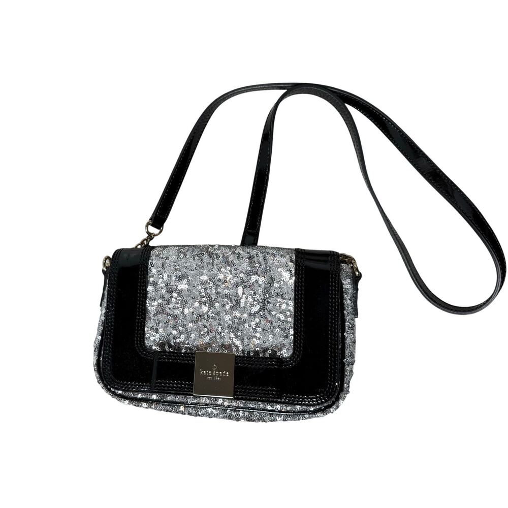 Kate Spade Primrose Hill Little Kaelin Silver Sequin Black Leather Crossbody Bag